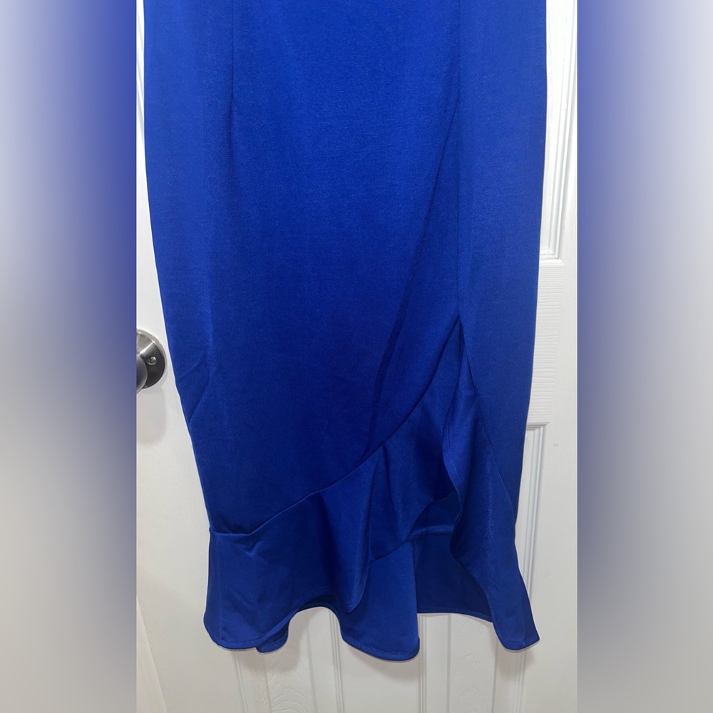 SHEIN BAE Bardot Split Thigh Ruffle Hem Bodycon Dress, Blue, Size Small - Picture 4 of 10